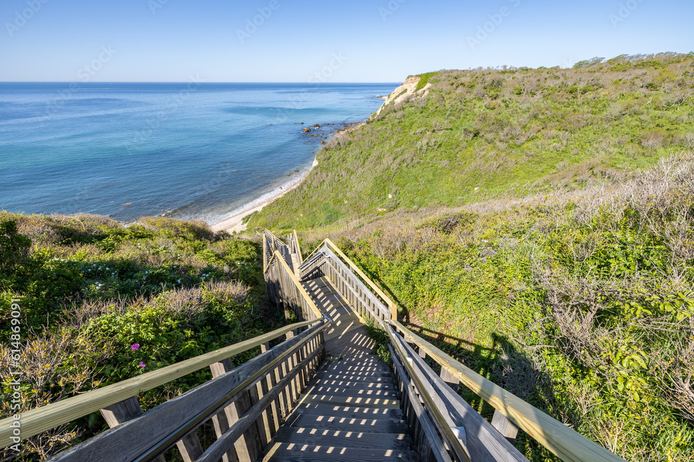 Long wooden staircase leading down to the beach at Mohegan Bluffs, Block Island, Rhode Island, USA