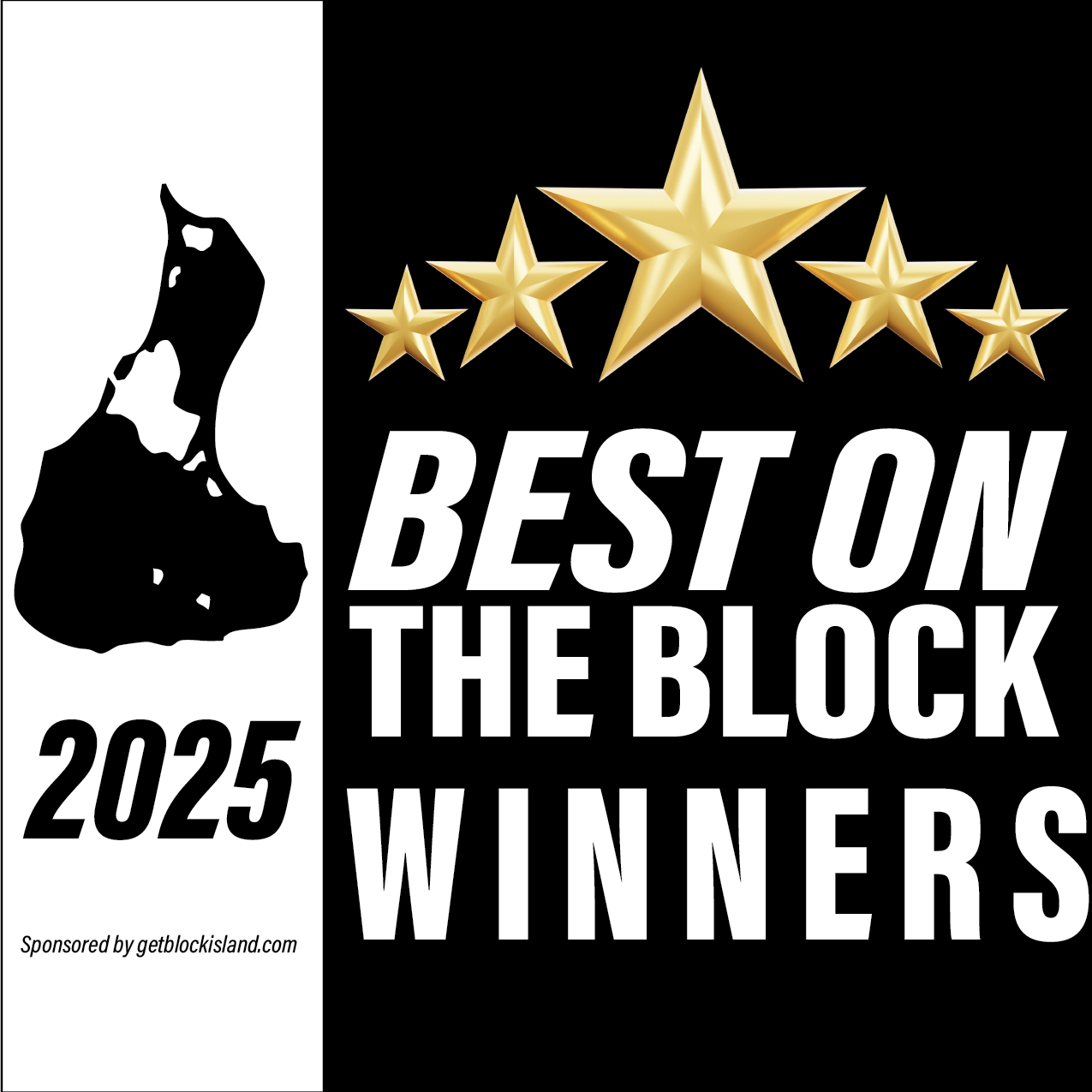 Black and white graphic with a Block Island map, gold stars, and bold text: “2025 BEST ON THE BLOCK WINNERS.” Sponsored by getblockisland.com.