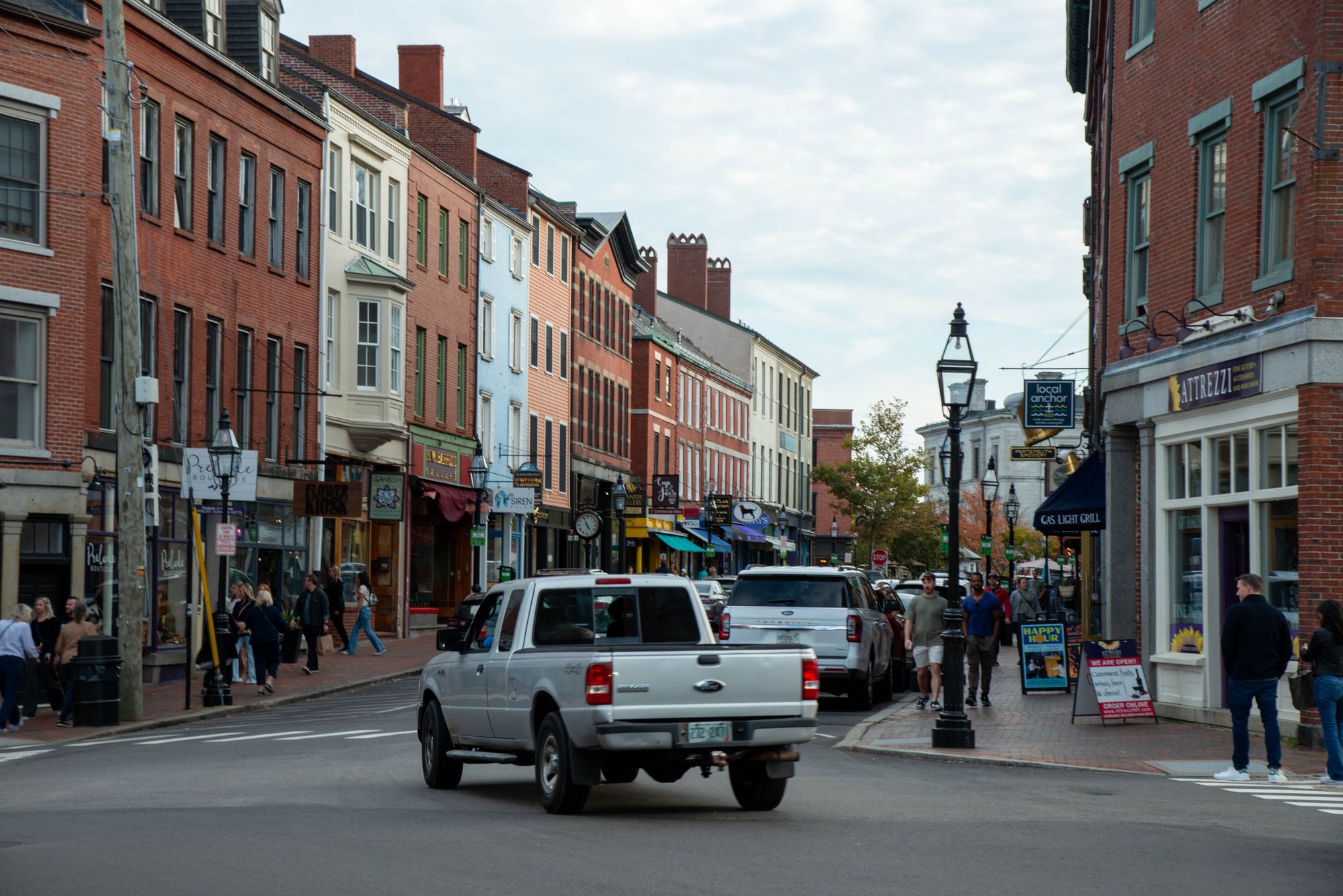 Boutique storefronts along Water Street in Old Harbor, Block Island